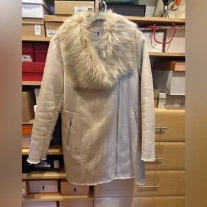 Calvin Klein Cream Faux Suede Winder Cost with Faux Fur Trim